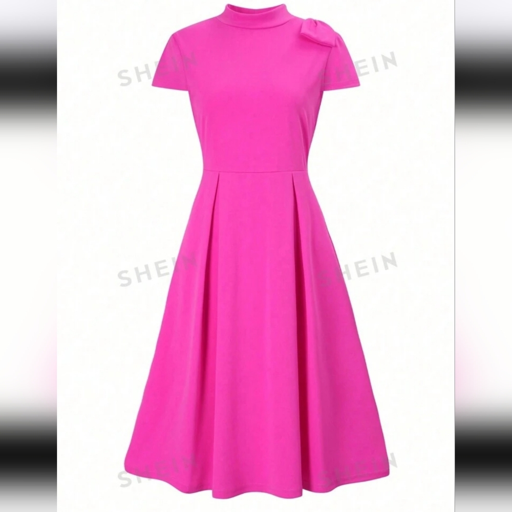 Privé Women Summer Elegant Solid Color Stand Collar Waist Cinched Dress - Picture 3 of 5